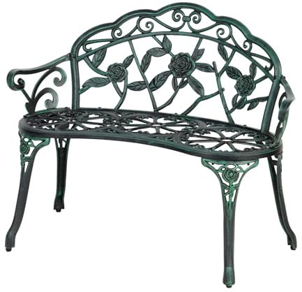 Home Source Cast Iron Garden Bench Metal Frame Patio Chair Outdoor Seating, Green, 2 Seater