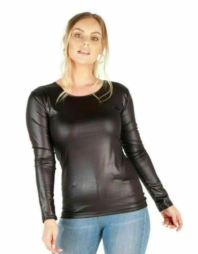 Womens Plus Size Black PVC Wet Faux Leather Look Long Sleeve Top (UK, Numeric, 18, Plus, Regular, Black, Manchester)