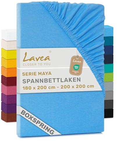 Lavea® Lenzuolo con Angoli Matrimoniale 180x200 cm – per Materassi Alti fino a 35 cm, per Letti Boxspring e ad Acqua – 100% Cotone – con Elastico – Alta Qualità – Azzurro cielo
