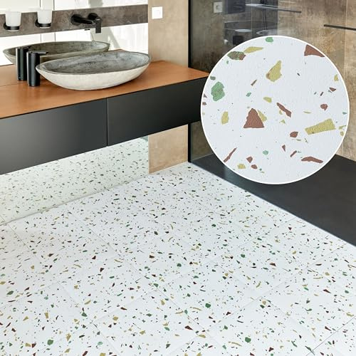Vinyl Floor Tiles Self Adhesive - 40 Pack To Cover 40 sqft (3.72sqm) - Vinyl Flooring Peel And Stick Floor Tile - 12x12in (30.5x30.5cm) For Kitchen, Living Room and Bathroom, Off White Terrazzo Effect