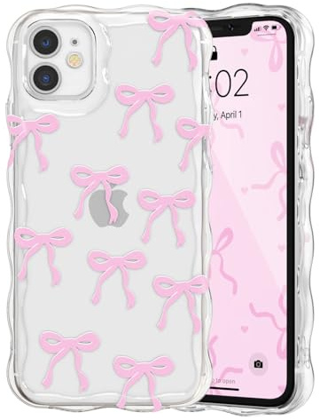QLTYPRI Etui pour iPhone 12, Coque Transparente pour Filles et Femmes avec Nœud Ruban et Vague Bouclée, Housse Nœud Papillon Esthétique Protectrice en Silicone Souple TPU Antichocs - Rose