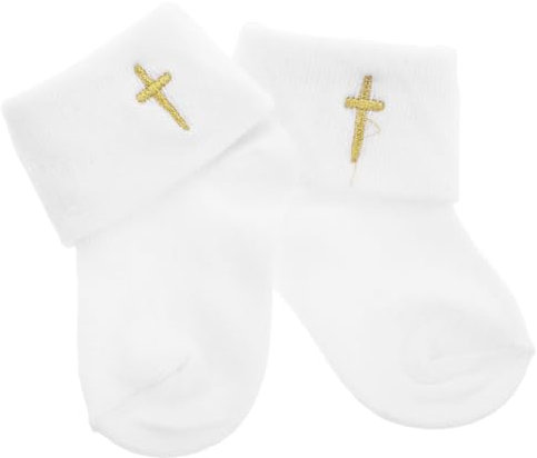 PACKOVE 1 Pair Newborn Baptism Socks Infant Ankle Socks White Turn Cuff Christening Cotton Socks With Cross Embroidery For 0-1 Year Old Baby