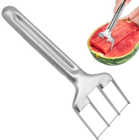 Coupe Pastèque Inox 21,5×7,4cm à 3 Lames, Trancheuse de Fruits avec Poignée Large et Ergonomique, Découpe Melon Rapide pour Cuisine, Pique-Nique et Camping