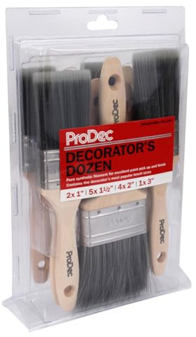 ProDec Decorator's Dozen Paint Brush Set Including Cutting In Brushes for a Smooth Finish Painting with Emulsion, Gloss, Satin Paints on Walls, Ceilings, Wood, Metal - 2x 1, 5x 1.5, 4x 2, 1x 3 inch