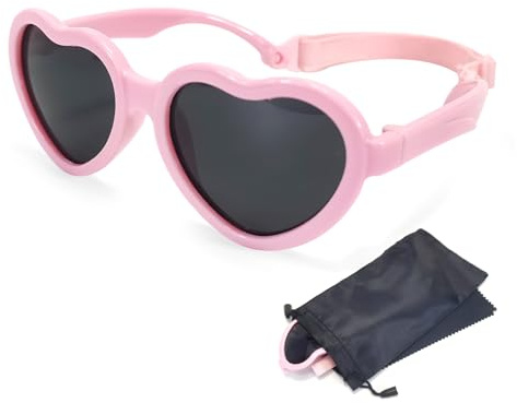 SwirlColor Lunettes de soleil pour filles, lunettes de soleil en forme de cœur mignonnes avec sangle réglable filles polarisées flexibles 3-10 ans, avec sac de stockage