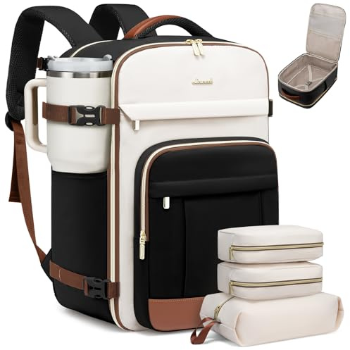 LOVEVOOK Handbagage ryggsäck, 40 l reseryggsäck, 17 tums laptopfack, vattentät, 15 fickor, polyester (svart-beige-brun, 17 tum – 40 l-4 st)