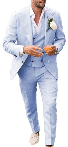 Ensemble de costume décontracté 3 pièces en lin pour homme, blazer coupe droite, veste gilet et pantalon pour bal de fin d'année, mariage