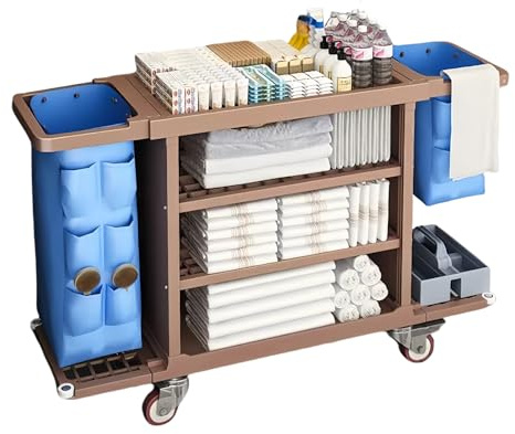 Carrello Pulizie Professionali,Carrello per Pulizie Alberghiere,Carrello con Ruote Multiuso,Cestino Portautensili,per Hotel, Carrello, Commerciali,Marrone,53.3×18.2in(SM Wheel)