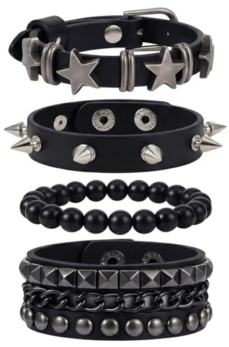 wellrun 4PCS Black Studded Bracelet Set,Retro 80s Style Leather Cuff Punk Bracelets for Men and Women,Goth Rock Wristbands,Adjustable Multi-Layer Accessories for Parties,Halloween,Cosplay