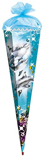 3-D Schultüte mit Glitzer + Steinen - Delfin 85 cm - mit Holzspitze - mit Tüllabschluß - Zuckertüte Roth Delfine Fisch Unterwasser Fische Wasser - für Kinder ..