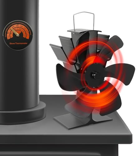 Herrselsam Kaminventilator 6-Blättern Ofenventilator ohne Strom Wärmebetriebener Kamin Ventilator Leiser Ofen mit magnetischem Thermometer für Holz Brennholz Feuerstelle Ofenrohr mit Thermometer