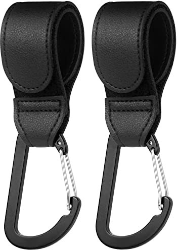 HONZUEN 2 Stück Kinderwagen Haken, Universelle Anhänger für Kinderwagen, Lederbekleidung Kinderwagenhaken Taschenhaken für Wickeltasche Taschen Einkaufstasche (Schwarz)