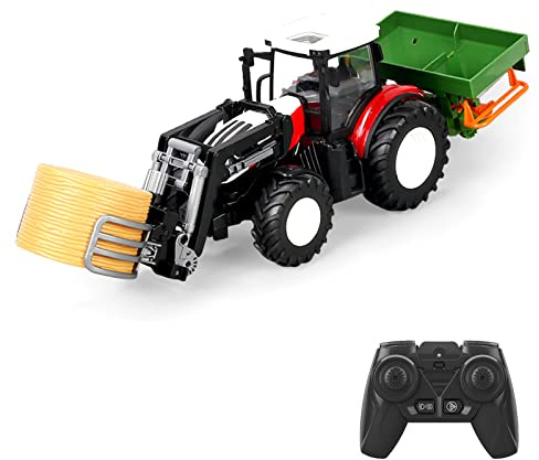 GoolRC RC Farm Tractor, 1:24 Scale Remote Control Tractor, 2.4GHz Multifunctional Farm Electronic Vehicle with Gripper, Fertilizer Spreader, Lights, One-Key Demonstration for Adults (Red)