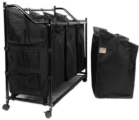 horganize Wäschekorb, Wäschesammler, Wäschesortierer auf Rollen mit 4 abnehmbaren Stofftaschen, Seitentasche für Kleinigkeiten, Aufbewahrung für Spielsachen und Pfandflaschen, 4 x 35 Liter, schwarz