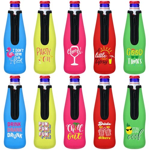Dingion 10 Pcs Summer Beer Bottle Insulator Sleeve with Zipper Insulated Jackets Keep Warm and Cold Beer Bottle Sleeves with Stitched Fabric Edges for Pool Beach Party Favors