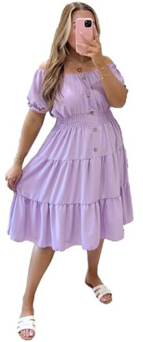 Women’s Summer Dress Short Sleeve Off Shoulder Sundress Plain Long Casual Dress Chiffon Magic Beach Swing Italian Elastic Waist Tiered Basic Elegant Midi Dresses for Women Lilac