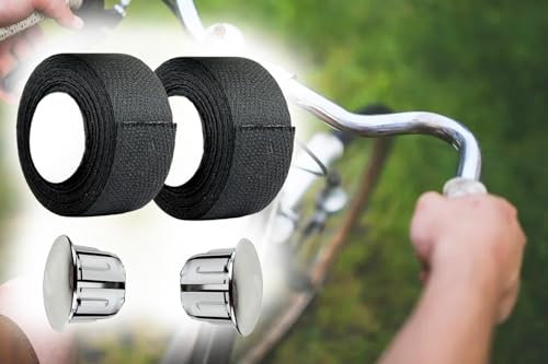 2X Lenkerband Rolle Tressostar Schwarz mit Lenkerstopfen, Textil-Lenkerband selbstklebend 100% Baumwolle, 20 x 280mm pro Rolle, MTB Fahrrad