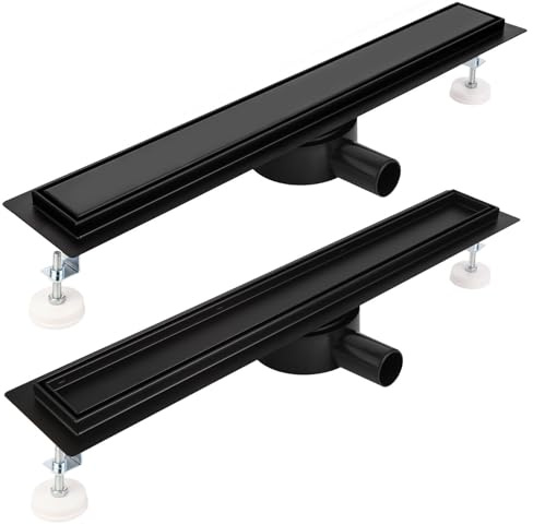 Duschrinne 120cm Schwarz Matt Befliesbar Extra Flach Edelstahl komplettset duschabfluss bodenablauf 360 Grad Siphon mit Geruchsstop und Haarsieb Größen 30cm -120cm