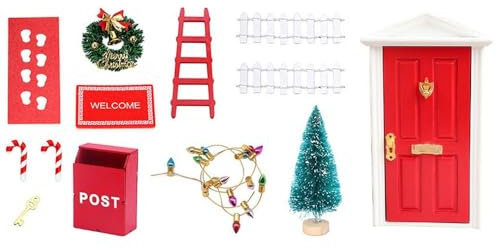 GIVBRO Porte Miniature de Maison de poupée, Lampes colorées, Arbre de Noël, échelle, clôture, boîte aux Lettres et Tapis – Décoration de Maison de poupée de Simulation 1:12, 13 pièces