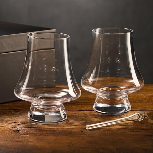 Lily's Home 9 oz Set of 2 Whiskey Glasses set with Glass Dropper - Crystal Old Fashioned Glasses for Bourbon & Scotch,Narrow Rim Barware for Men, Dad (Birthday, Gifts)