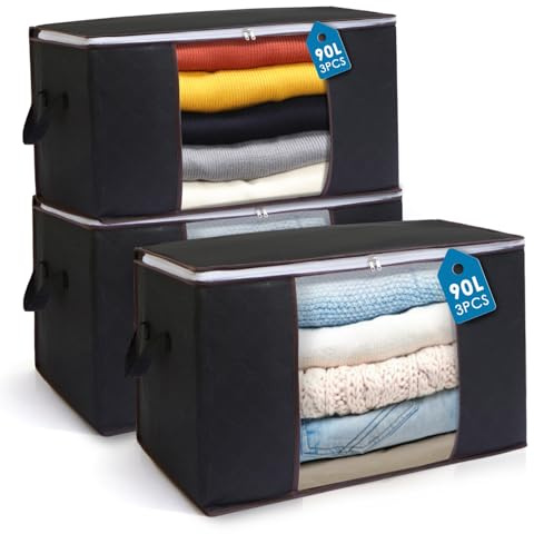Boic 90L Bolsas Almacenaje Ropa, Cajas Almacenaje Ropa, Cajas Almacenaje Plegable, Bolsas Para Guardar Ropa Con Mango Reforzado Para Guardar, Edredones, Mantas (Negro, 3 pcs)