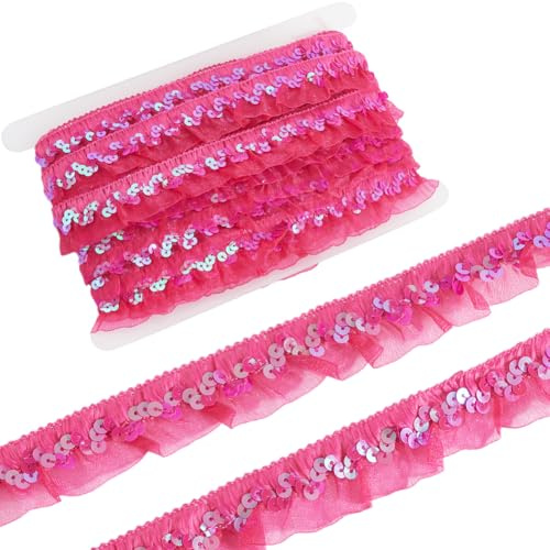 GORGECRAFT 11 m 3 cm elastiskt organza-tyg band paljett chiffong spetskant trim het rosa samlad volang veckad nät stretch frans trimning för sömnad presentpaket omslagsduk hantverk