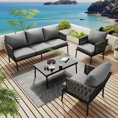 RiteSune Gartenmöbel-Set 4-teilig – Graues Sofa (3er) + 2 Sessel + Couchtisch mit Glastischplatte, Outdoor-Loungeset mit Seilarmlehnen & verzinktem Stahlrahmen