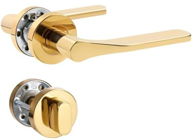 SORWDUERM dörrhandtag Pvd guld handtagsdekor, rostfritt stål matt, dörrhandtag för ytterdörr och innerdörr, L-form, rund ros, WC