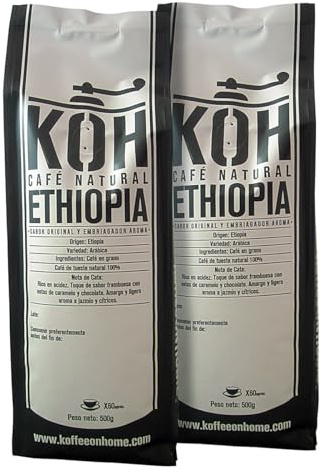 KoffeeONHOME Café Etiopia en Grano Arábica Tueste Natural (2x500 g) 1 kg