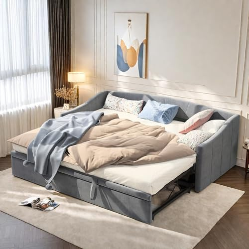 DAHUEN Bäddsoffa 90/180 x 200 cm, utdragbar säng, 2-sitsig soffa med sovfunktion, utdragbar till dubbelsäng, funktionell säng, gästsäng, hopfällbar med ribbotten, sammetstyg (grå, 90/180 x 200 cm)