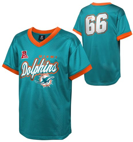 NFL Kinder Jugend Jungen 8–20 Offiziell Lizenziertes Division Established Team Color Mesh V-Ausschnitt Wordmark Primary Logo Trikot, Miami Dolphins - Aqua, 10-12