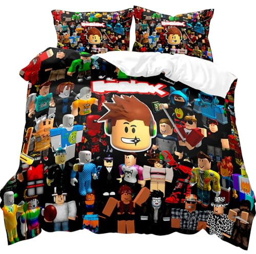 WlsqDE Roblx Set Biancheria da Letto 3 Pezzi, Roblx Copripiumino 135x200 cm, 2 Federe, Stampa 3D Cartoon, Morbido e Leggero per Adolescenti Adulti