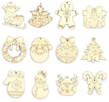 KEQAR 12 PCS Adornos de Madera para Navidad para Pintar, Manualidades Navideñas para Niños, Decoración Personalizada para Árbol de Navidad, DIY Artesanía, Colgantes de Madera para Navidad