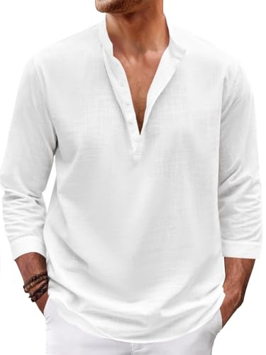 Karlywindow Mens Linen Henley Shirts Long Sleeve Hippie Yoga Summer Beach Casual Henleys T-Shirt White