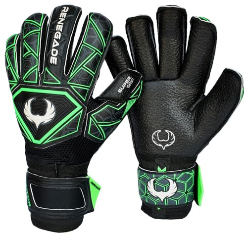 Renegade GK Triton Raider Goalie Gloves with Pro-Tek Finger Savers | 3.5+3mm Super Grip & 4mm Duratek | Black & Green Soccer Goalkeeper Gloves (Size 8, Youth-Adult, Roll Cut, Level 2)