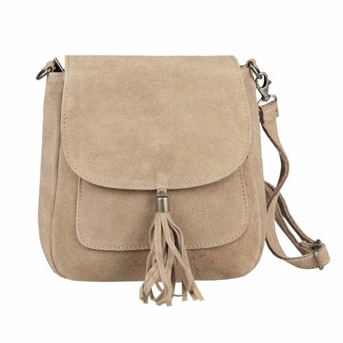 ITALYSHOP24 Made in Italy DAMEN LEDER TASCHE Messenger Bag Henkeltasche Wildleder Handtasche Umhängetasche Ledertasche Schultertasche Beuteltasche Fransen Cross-Over Taupe (Hell)