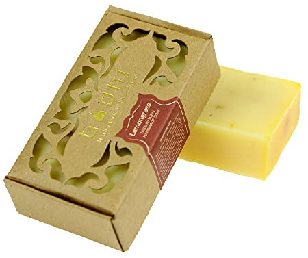 Bodhi® Naturseife ZITRONENGRAS 100g / Körperseife Stück mit ätherischen Ölen, für trockene Haut, Handgemacht in Öko Verpackung / 100% Natürlich & Vegan