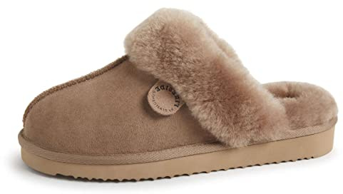 Dearfoams Women's Fireside Water Resistant Sydney Shearling Scuff Slipper, Driftwood, 8.5 Medium US