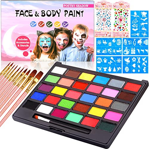 MULEVIP Kinderschminke Set 30 Farben Kinderschminken Set,Gesichtsfarbe Kinderschminken,Halloween Schminke mit 40 Schablonen,Strasssteine,Berufs Pinsel,Kinderschminken für Fasching Halloween Karneval