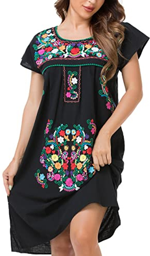 YZXDORWJ Women Mexican Long Floral Dress Embroidered Traditional Dress Ruffle Collar Short Sleeves Bridesmaid Dress (XL, 627BKG)