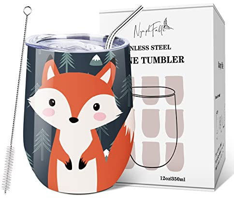 NymphFable 350ml Fuchs Weinbecher mit Deckel und Strohhalm Edelstahl Kaffeebecher to go Geschenke für Frauen