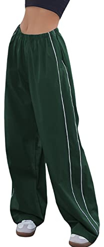 Himosyber Women's Parachute Pants Baggy Elasitc Waist Relaxed Y2K Track Pant Trousers (ArmyGreen-S)