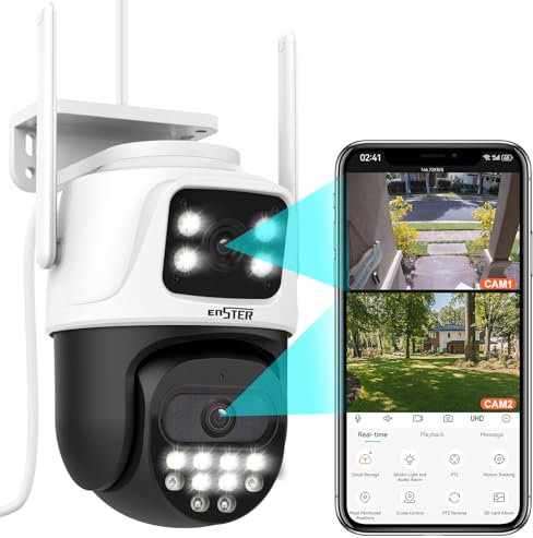 ENSTER 3MP+3MP Telecamera Wi-Fi Esterno Doppio-Lente Doppia-Visione, PTZ IP Videocamera Sorveglianza Auto Tracking Camera 360 gradi,Compatibile con Alexa
