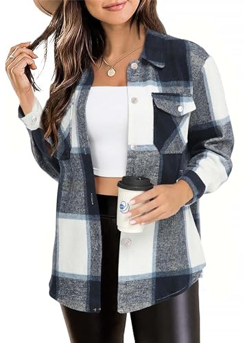 Timuspo Chaqueta Camisa de Franela a Cuadros para Mujer de Manga Larga de Algodón con Solapa Abotonada Blusa Shacket Abrigo, azul, L