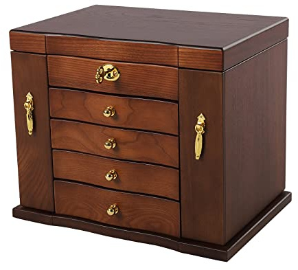 GramStudio Portagioie retrò a 5 strati, scatola portagioie marrone in legno, organizzatore per donne con specchio e 4 cassetti, grande capacità