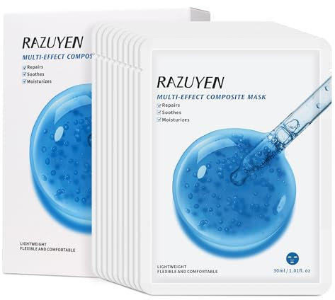RAZUYEN Maschera in tessuto (Confezione da 10) Lenitiva, Maschera Viso con ceramide e pantenolo, Per pelli secche e sensibili, Idrata, Antirughe e Contrasta il Rossore, Maschera Viso uomo e donna