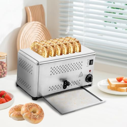 Panificadora de 6 rebanadas, 2400 W, 3 modos de tostado, 1-5 min, 6 rebanadas, función de mantenimiento del calor, máquina para hornear pan de acero inoxidable