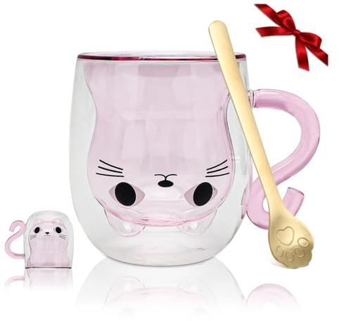 Taza de gato Tazas de Café de Cristal 300 ml Vasos de Doble Pared con asa y cuchara Borosilicato Bonitas Tazas de Animal Para Latte Macchiato Capuchino, Té, Jugo, Helado, Regalo de Cumpleaños