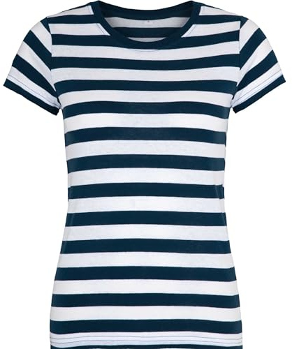 Compatible con Mantis – Camiseta retro de rayas para mujer en estilo marino, camiseta de manga corta y cuello redondo, certificada Oeko-Tex 100, algodón en conversión, vegana, azul marino, S