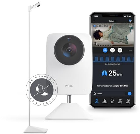 Miku Pro Smart Baby Monitor with Camera, Track Live Breathing with No Wearable, Real-Time Alerts, Sleep Analytics, 1080p Wi-Fi Video, Night Vision, and 2-Way Audio, Wall Mount & Floor Stand Included